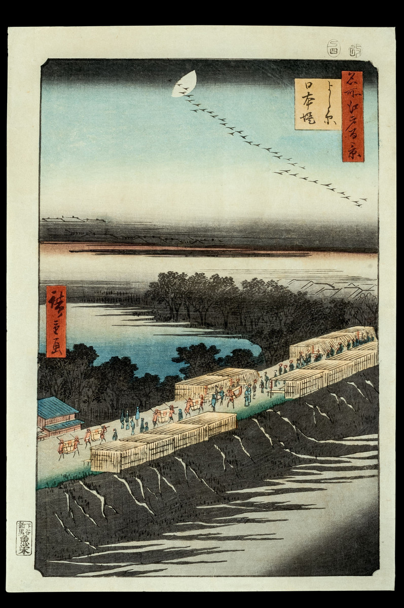 歌川広重による『名所江戸百景 よし原日本堤』（台東区立図書館デジタルアーカイブより）。